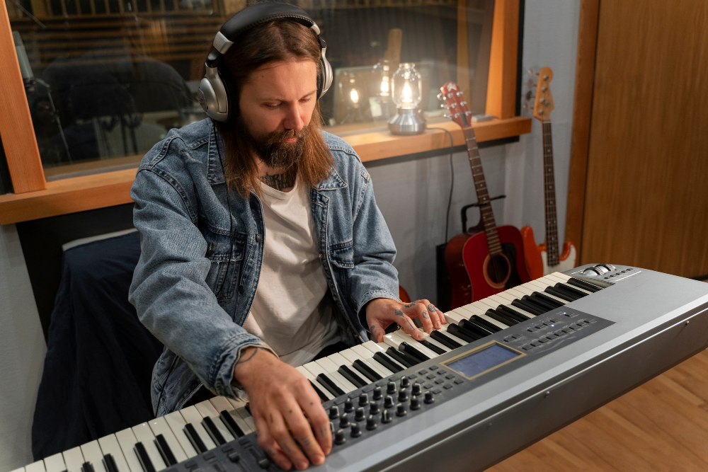 Pop and jazz musician using digital piano in studio